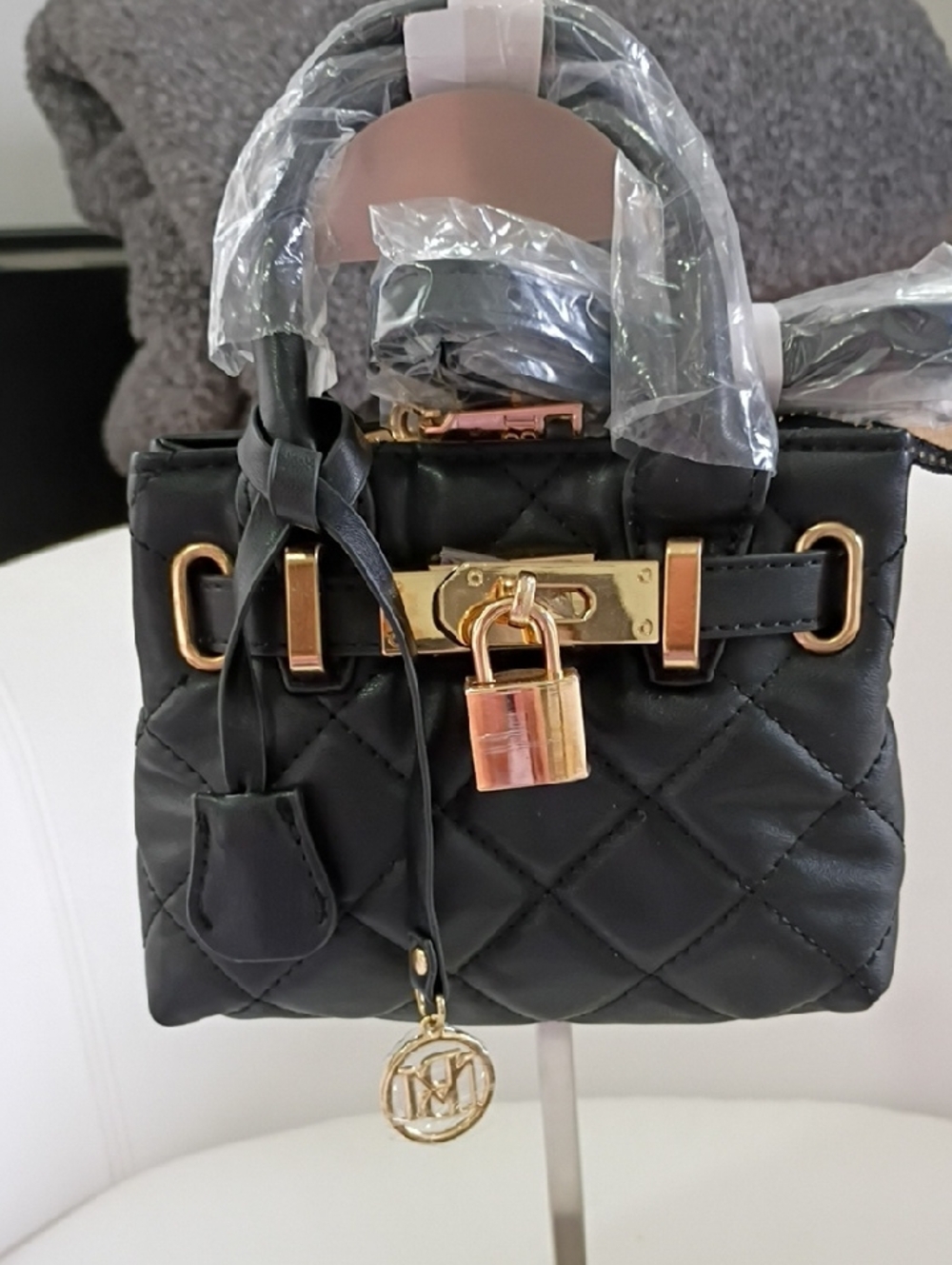 Badgley Mischka Black Quilted Mini Satchel / Crossbody with Gold Hardware